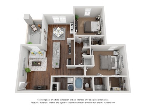 Floor plan for 2 beds, 2 baths, 1135 sqft